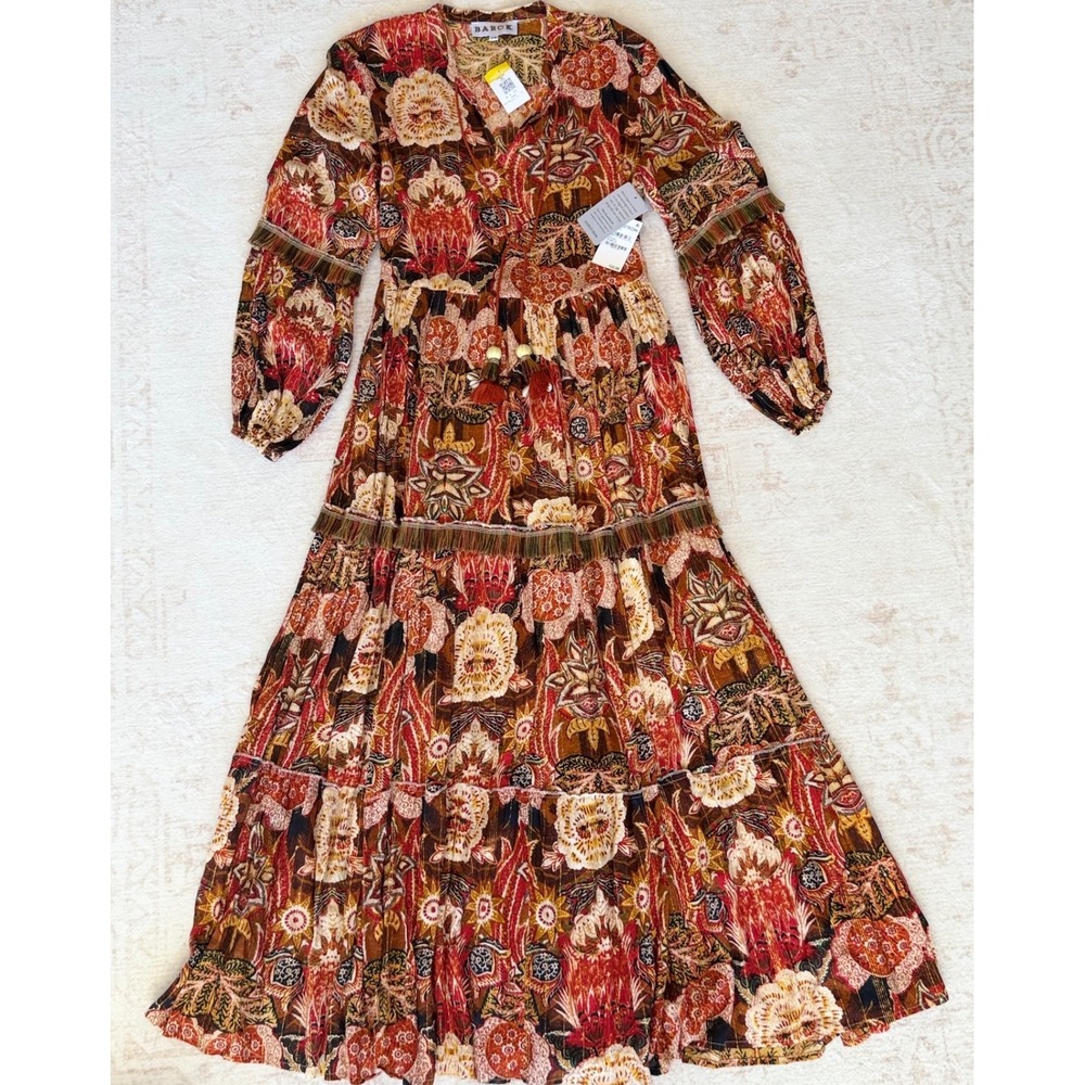 Barok NJ Couture Paris Tiered Maxi Dress Pumpkin Floral Metallic Cotton SM NWT